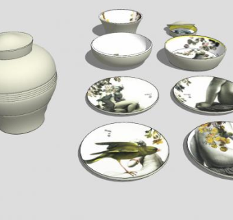 陶瓷花瓶山水鸟语碟盘SU模型下载_sketchup草图大师SKP模型