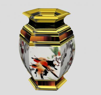 中式六角边墨画瓷瓶SU模型下载_sketchup草图大师SKP模型