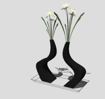 现代双花瓶花卉盆栽SU模型下载_sketchup草图大师SKP模型