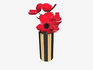 红色花卉黑纹木花瓶SU模型下载_sketchup草图大师SKP模型