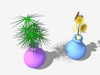 双花瓶观花观叶植物SU模型下载_sketchup草图大师SKP模型