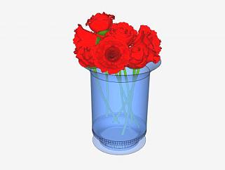 红色花卉花瓶盆栽SU模型下载_sketchup草图大师SKP模型