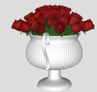 双耳陶瓷盆红玫瑰花卉SU模型下载_sketchup草图大师SKP模型