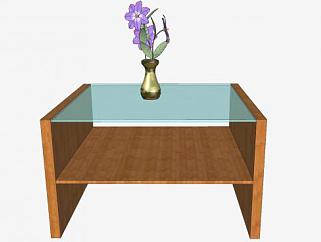 木玻璃桌上鲜花花瓶SU模型下载_sketchup草图大师SKP模型