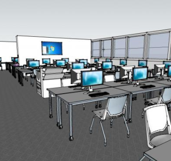 监控计算机房教学空间SU模型下载_sketchup草图大师SKP模型