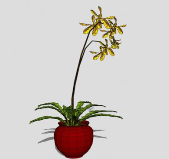 红瓷花瓶黄色花卉SU模型下载_sketchup草图大师SKP模型