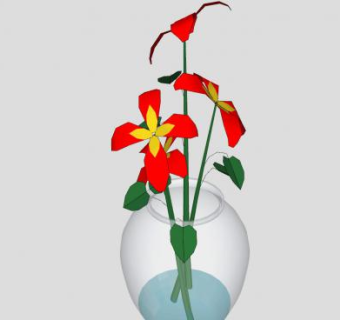 玻璃花瓶红黄花卉SU模型下载_sketchup草图大师SKP模型
