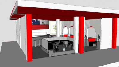 红白装修咖啡馆SU模型下载_sketchup草图大师SKP模型