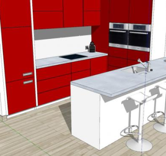 现代欧洲红厨房吧台SU模型下载_sketchup草图大师SKP模型