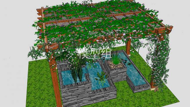 木棚架流水池塘花草植物su模型下載_sketchup草圖大師skp模型