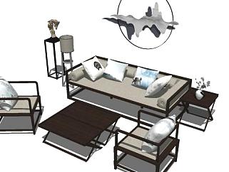 新中式客厅沙发茶几置物架组合SU模型下载_sketchup草图大师SKP模型