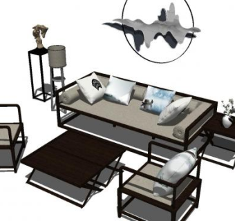 新中式客厅沙发茶几置物架组合SU模型下载_sketchup草图大师SKP模型