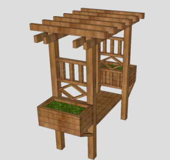 带花盆的仿古长凳SU模型下载_sketchup草图大师SKP模型