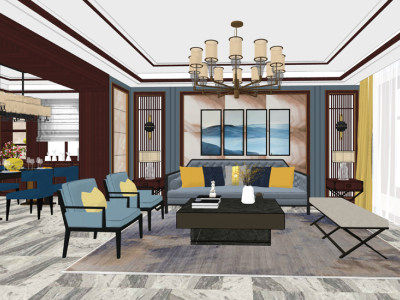 新中式风格客餐厅SU模型下载_sketchup草图大师SKP模型