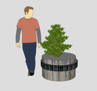 木制圆形花盆和树SU模型下载_sketchup草图大师SKP模型