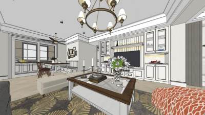 美式风格客餐厅卧室SU模型下载_sketchup草图大师SKP模型