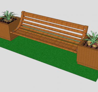 户外木制长椅花盆盆栽SU模型下载_sketchup草图大师SKP模型