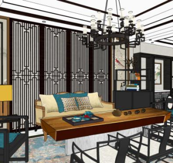 新中式客厅餐厅室内空间SU模型下载_sketchup草图大师SKP模型