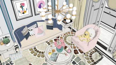 简欧门厅客餐厅厨房公卫SU模型下载_sketchup草图大师SKP模型