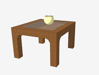 玻璃木桌和陶瓷花盆SU模型下载_sketchup草图大师SKP模型