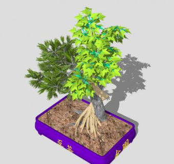 中式紫色花盆盆景SU模型下载_sketchup草图大师SKP模型