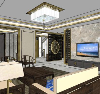 新中式复式别墅一层客厅餐厅SU模型下载_sketchup草图大师SKP模型