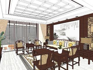 中式古典风格客厅餐厅SU模型下载_sketchup草图大师SKP模型