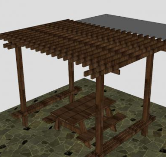 木棚下的木质桌椅SU模型下载_sketchup草图大师SKP模型
