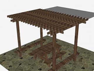 木棚下的木质桌椅SU模型下载_sketchup草图大师SKP模型