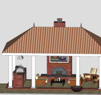 绿廊花架厨房壁炉设施SU模型下载_sketchup草图大师SKP模型