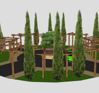 圆形木棚植被绿廊车道SU模型下载_sketchup草图大师SKP模型