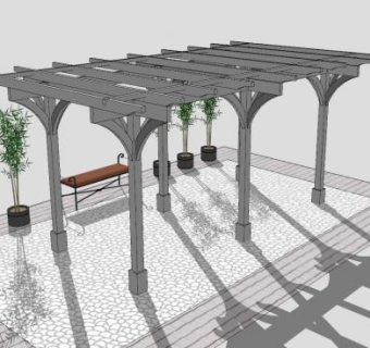 花园木棚花架盆栽和长椅SU模型下载_sketchup草图大师SKP模型