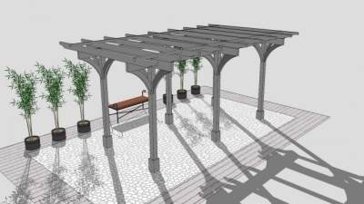 花园木棚花架盆栽和长椅SU模型下载_sketchup草图大师SKP模型