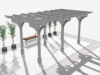 花园木棚花架盆栽和长椅SU模型下载_sketchup草图大师SKP模型