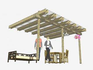 中式木棚花架下的长椅和<em>餐桌</em>SU模型下载_sketchup草图...