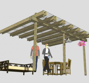 中式木棚花架下的长椅和餐桌SU模型下载_sketchup草图大师SKP模型