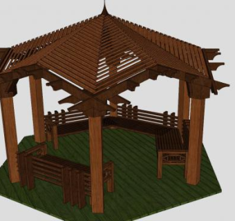 中式凉亭花架木椅SU模型下载_sketchup草图大师SKP模型
