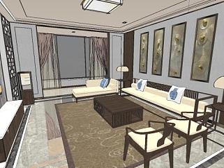 新中式客厅餐厅SU模型下载_sketchup草图大师SKP模型