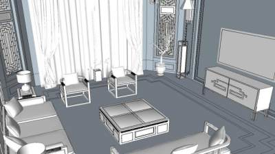 新中式别墅客厅装修SU模型下载_sketchup草图大师SKP模型