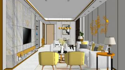 现代轻奢风格客餐厅家装SU模型下载_sketchup草图大师SKP模型