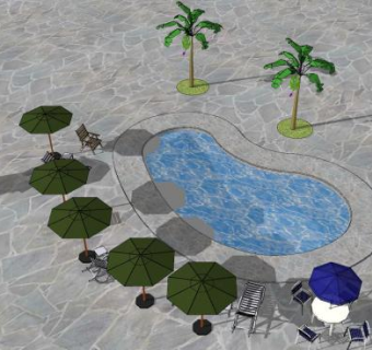 泳池休闲区旁的芭蕉树SU模型下载_sketchup草图大师SKP模型