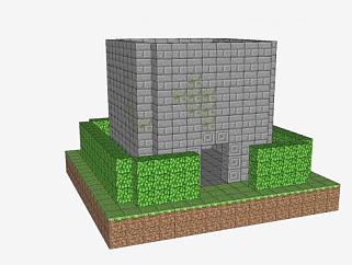 灌木篱笆苔藓植物和砖石垒SU模型下载_sketchup草图大师SKP模型