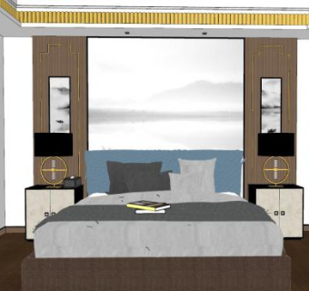 新中式卧室设计SU模型下载_sketchup草图大师SKP模型