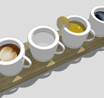 木板上的咖啡杯饮品组合SU模型下载_sketchup草图大师SKP模型