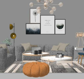 现代北欧客厅沙发茶几SU模型下载_sketchup草图大师SKP模型