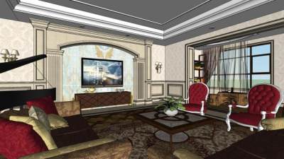 法式风格大平层客厅SU模型下载_sketchup草图大师SKP模型