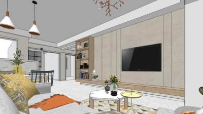 北欧风格客餐厅厨房SU模型下载_sketchup草图大师SKP模型