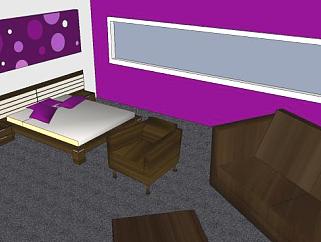 紫色现代室内家居主卧室SU模型下载_sketchup草图大师SKP模型