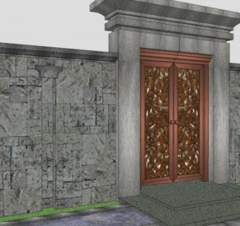 中式庭院钢木门SU模型下载_sketchup草图大师SKP模型