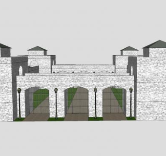 城堡式三车道钢筋门SU模型下载_sketchup草图大师SKP模型